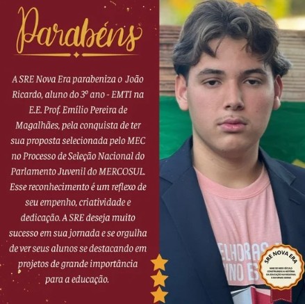 Aluno da E.E. Prof. Emílio Pereira de Magalhães tem proposta selecionada pelo MEC no processo de seleção nacional do Parlamento Juvenil do MERCOSUL